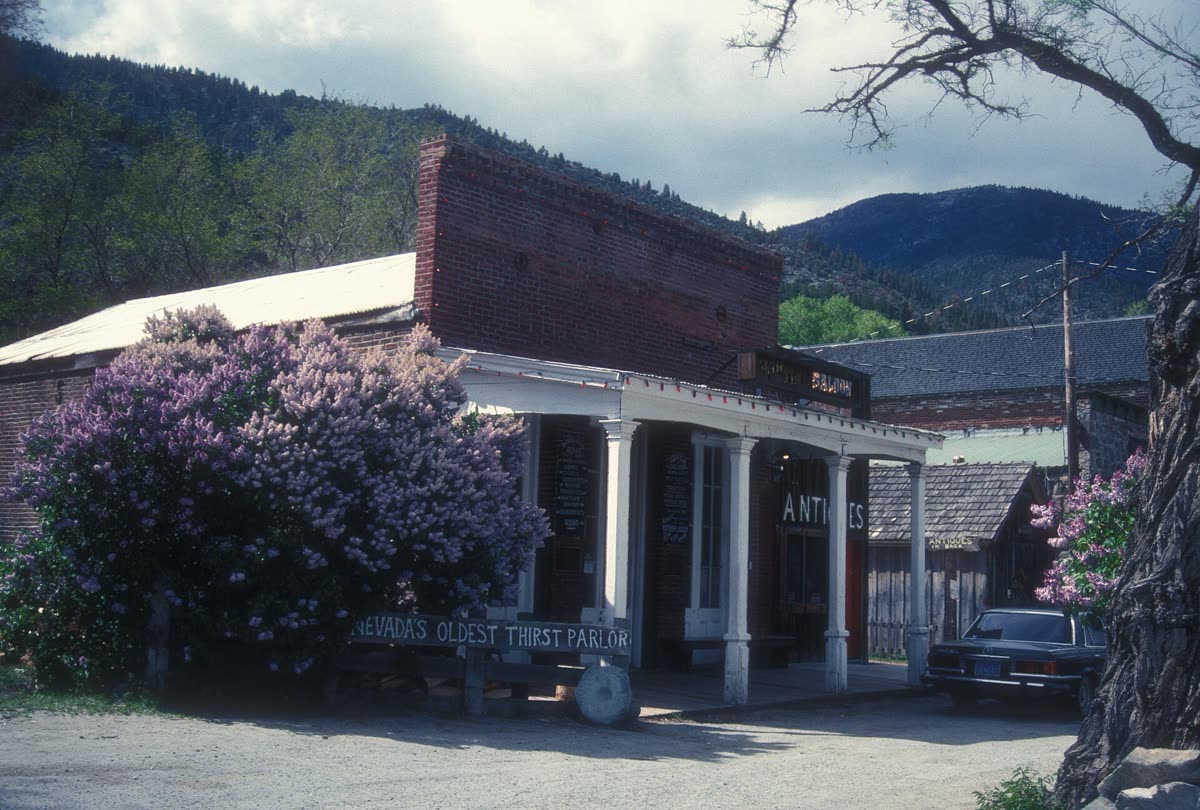 The Genoa Bar, a brick building with a white porch and lilacs in bloom, in Genoa's historic district