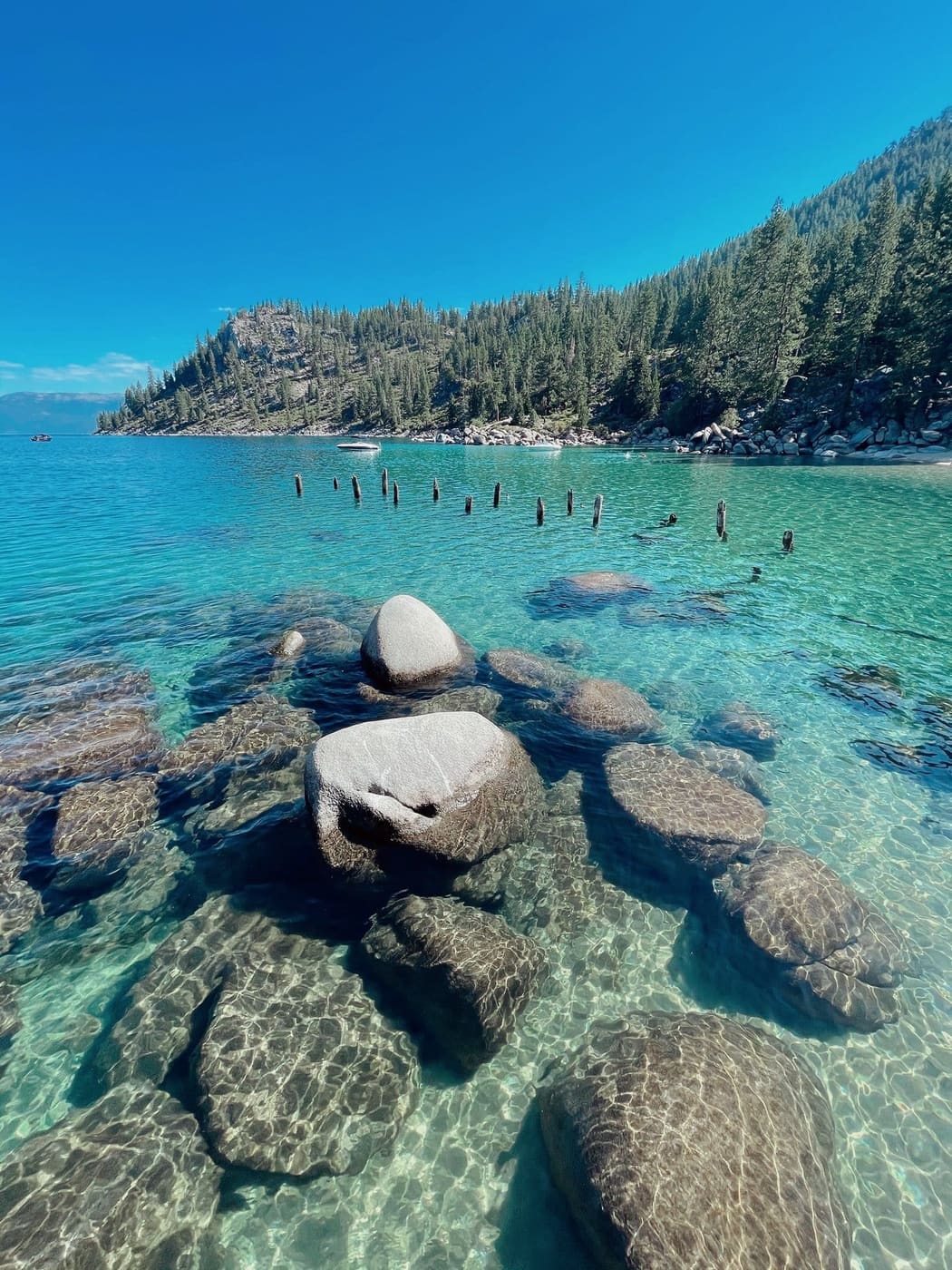 Crystal clear water over granite boulders at Lake Tahoe